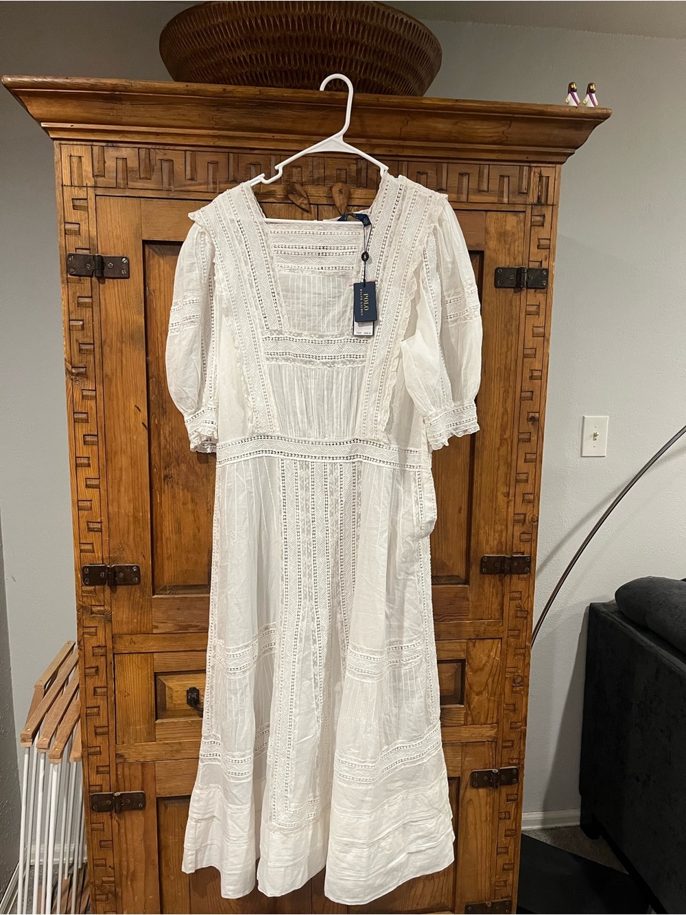 POLO RALPH LAUREN Ivory Lace Midi Dress with Puff Sleeves NWT